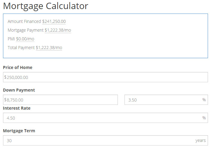 What's monthly mortgage payment for $250,000 house?