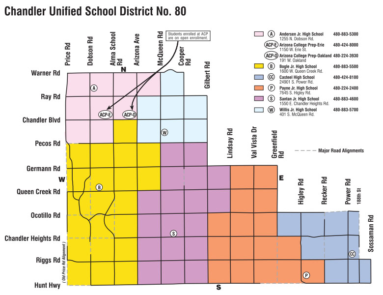 Chandler Unified School District Junior High School boundaries map