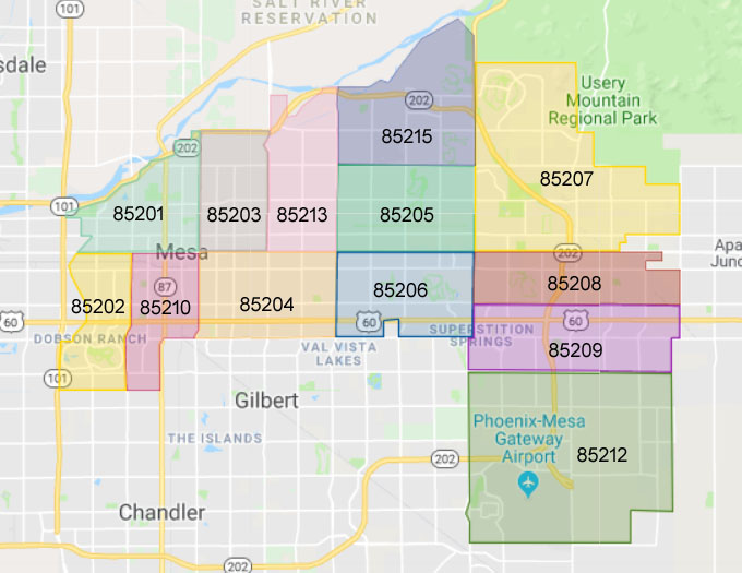 Mesa AZ Zip Code Map and Boundary