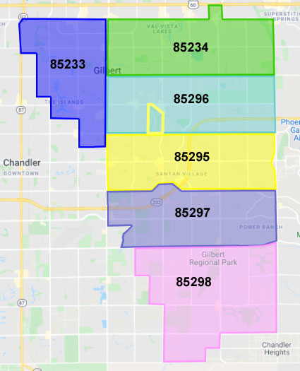 Gilbert AZ zip code map 85233, 85234, 85295, 85296, 85297, 85298